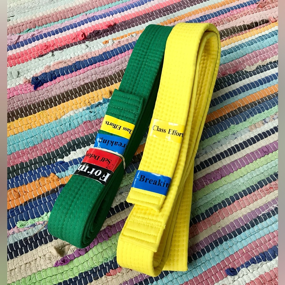 2/$10 Taekwondo Karate Martial Arts Green Yellow Canvas Belts Size 2 Achievement